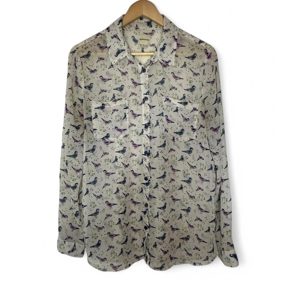GH Bass Sheer Bird Print Button-Up Shirt Size Large